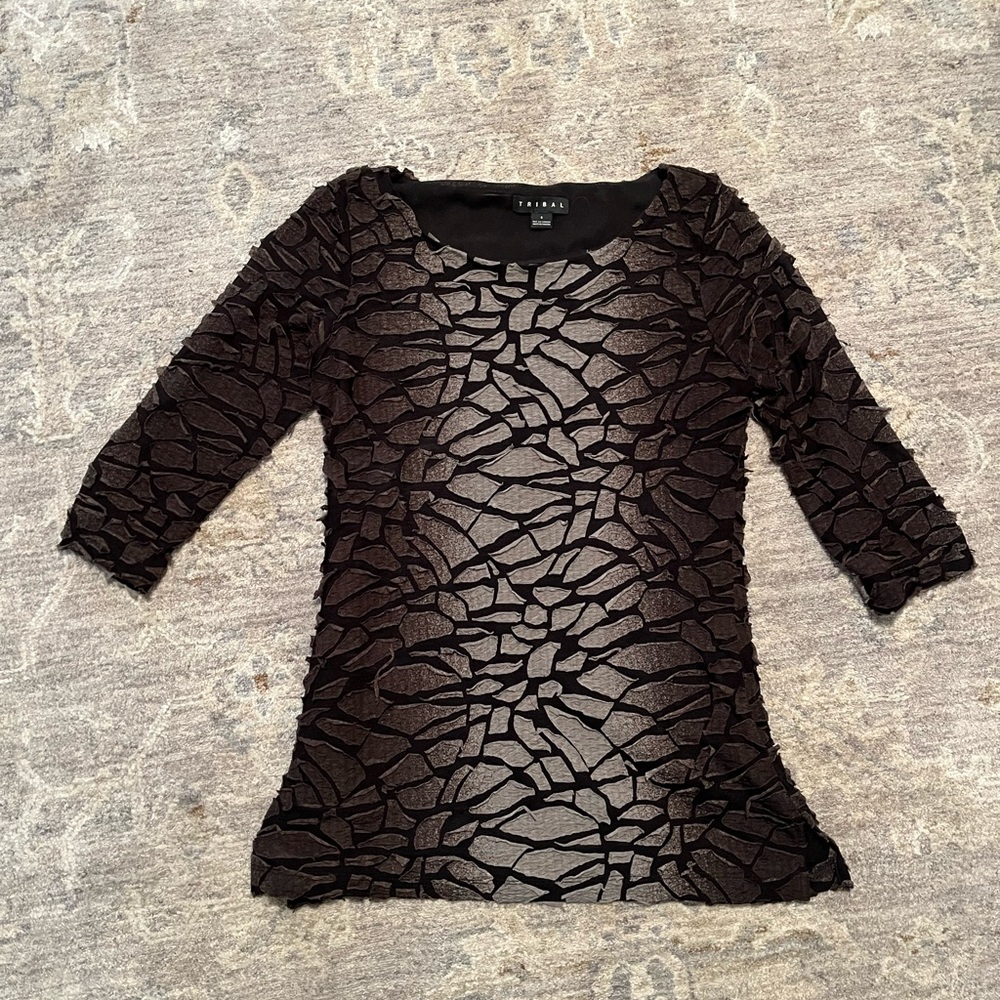 Tribal Brand Women's 3/4 Sleeve Dress Top S/Small Black/Tan